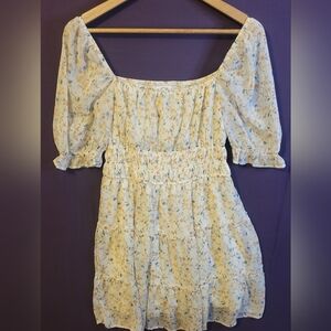 Blue Rain Floral Puff Sleeve Mini Dress - Cream and Blue. Size M